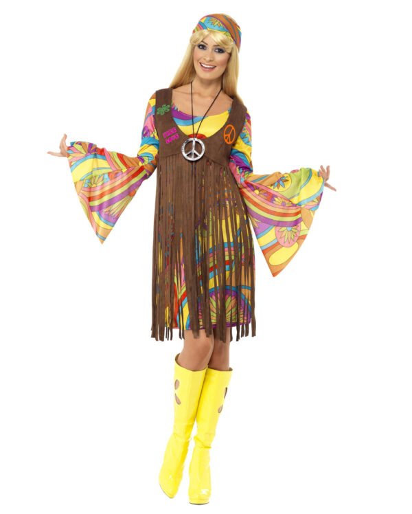 60er Jahre Hippie Kostüm mit Fransenkleid für Fasching & Halloween XL