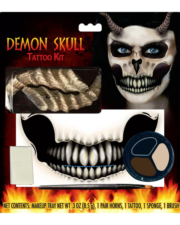 Demon Skull Tattoo Kit mit Hörnern  Halloween Schminke