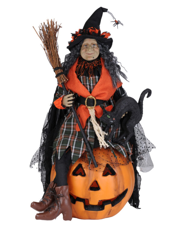 Halloween Hexe mit Katze & beleuchtetem Kürbis 68cm ✰