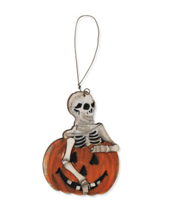 Halloween Holz Ornament Skelett in Kürbis 8cm ★