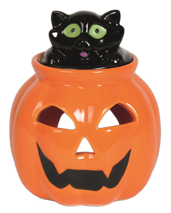 Halloween Kürbis mit Katze Teelicht Duftlampe 13cm ➤