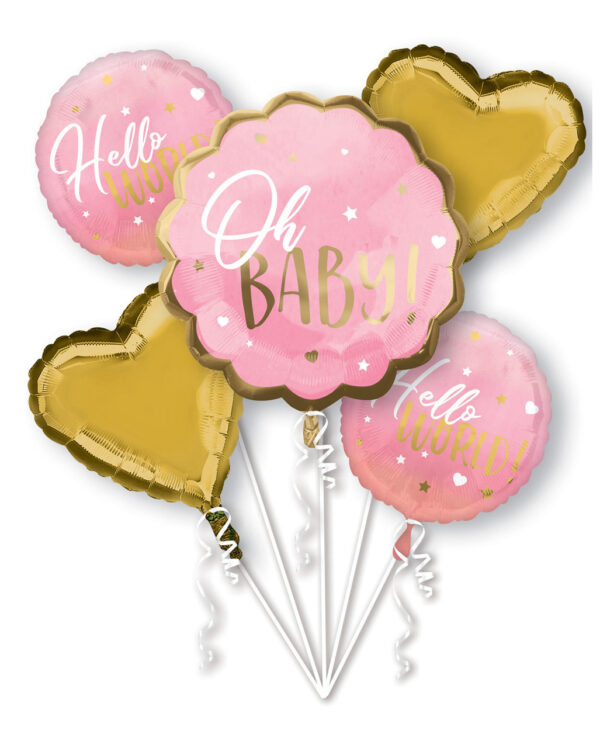 Hello World Folienballon Bouquet Pink für Babypartys