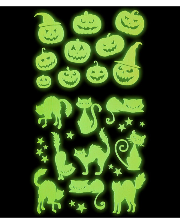 Leuchtende Halloween Sticker Kürbisse & Katzen