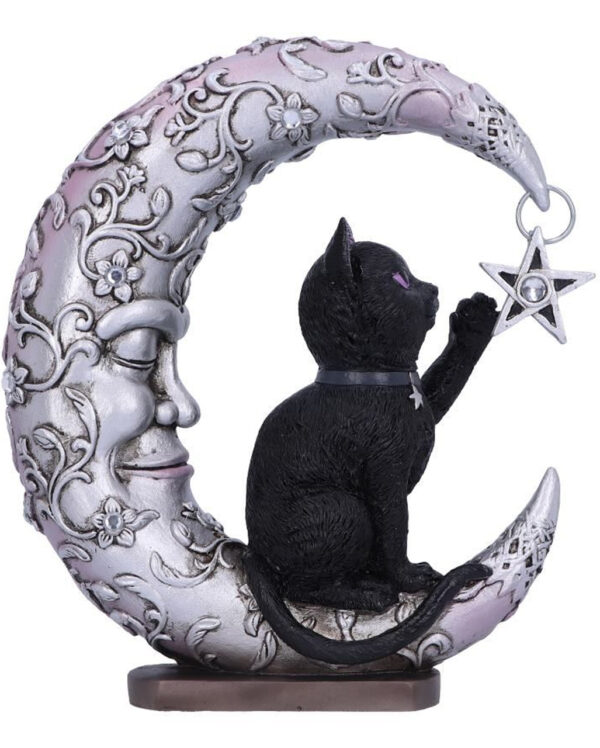 Schwarze Katze auf schlafendem Mond Figur 19cm  Wicca Deko