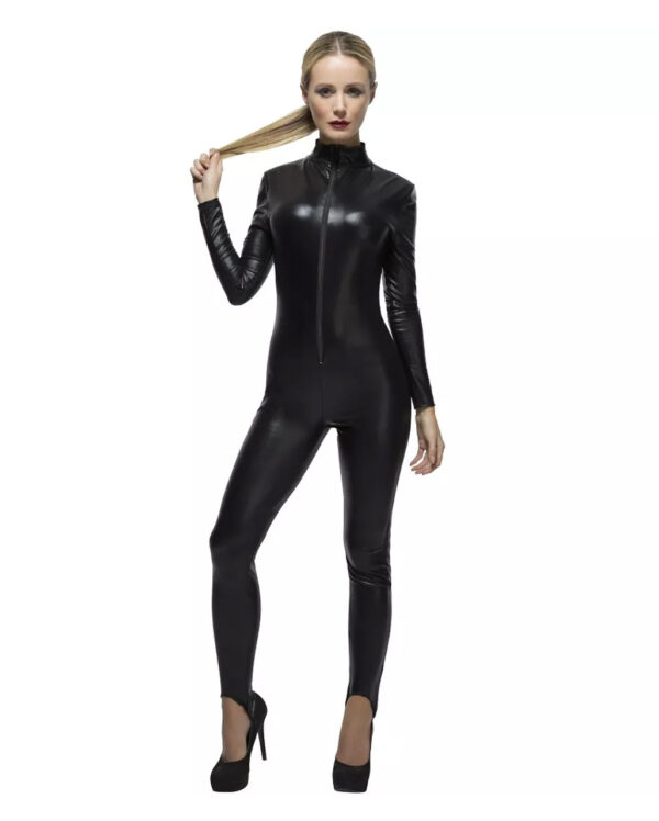 Schwarzer Kunstleder Catsuit für Halloween & Fasching L