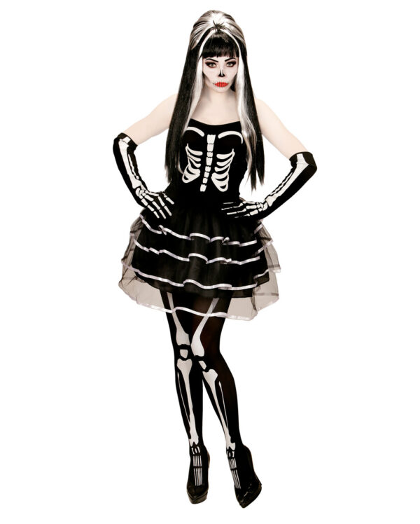 Skelett Minikleid mit Handschuhen für Halloween M