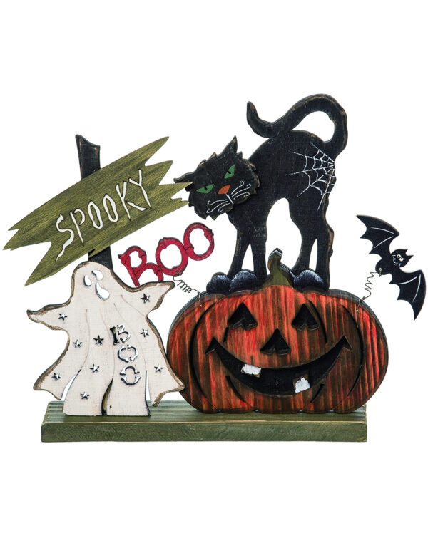 Spooky Katze & Kürbis Standdeko 24cm aus Holz