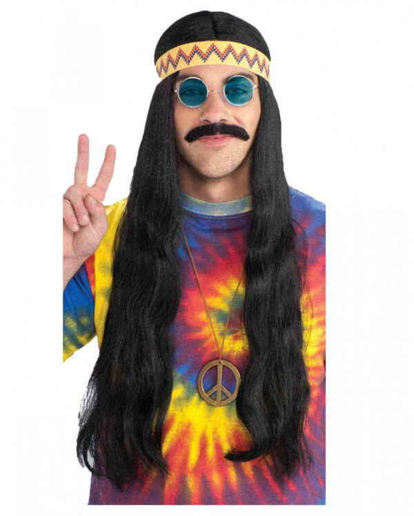 Hippie Perücke mit Haarband schwarz