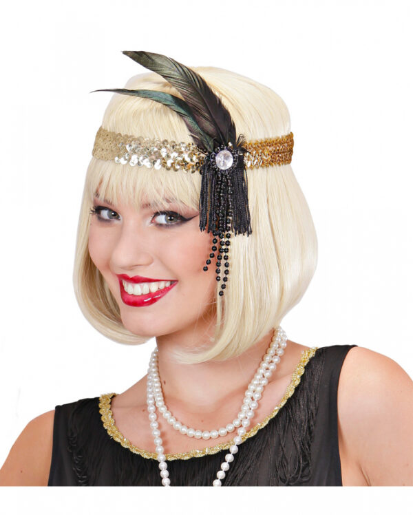 Flapper Stirnband Gold mit schwarzer Feder