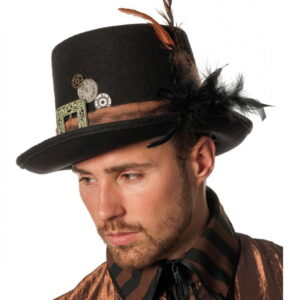 Steampunk Zylinder mit Feder schwarz