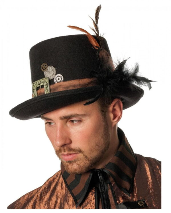 Steampunk Zylinder mit Feder schwarz